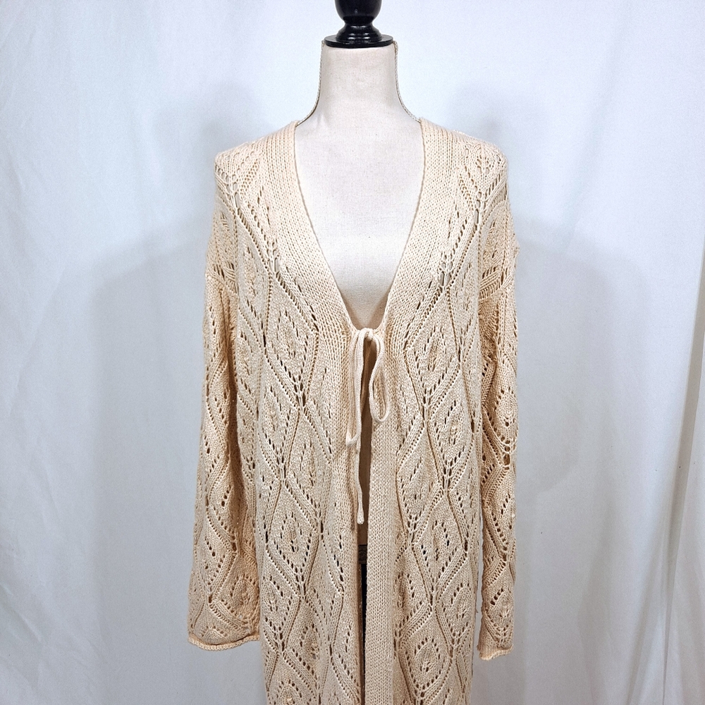 Storia Cream Diamond Knit Duster Cardigan Sweater
